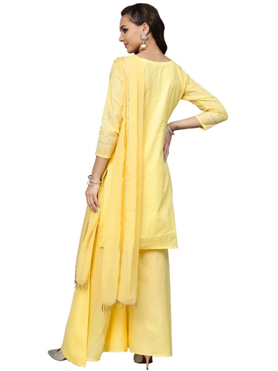 Ahalyaa Women's Cotton Blend Yellow Glitter Print Kurta Sharara Set With Dupatta | Grocsy