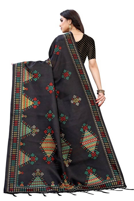 Vamika Black Kalamkari Print With Jhalar Khadi Silk Saree (KITE BLACK) | Grocsy