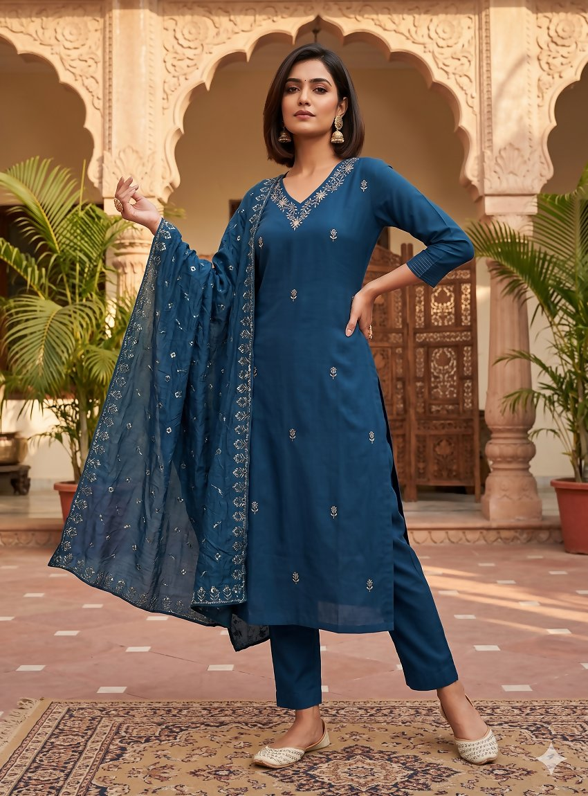 Teeya Creation Ready-To-Wear Dark Blue Chinon Salwar Suit Set With Thread And Sequence Work Set | Grocsy