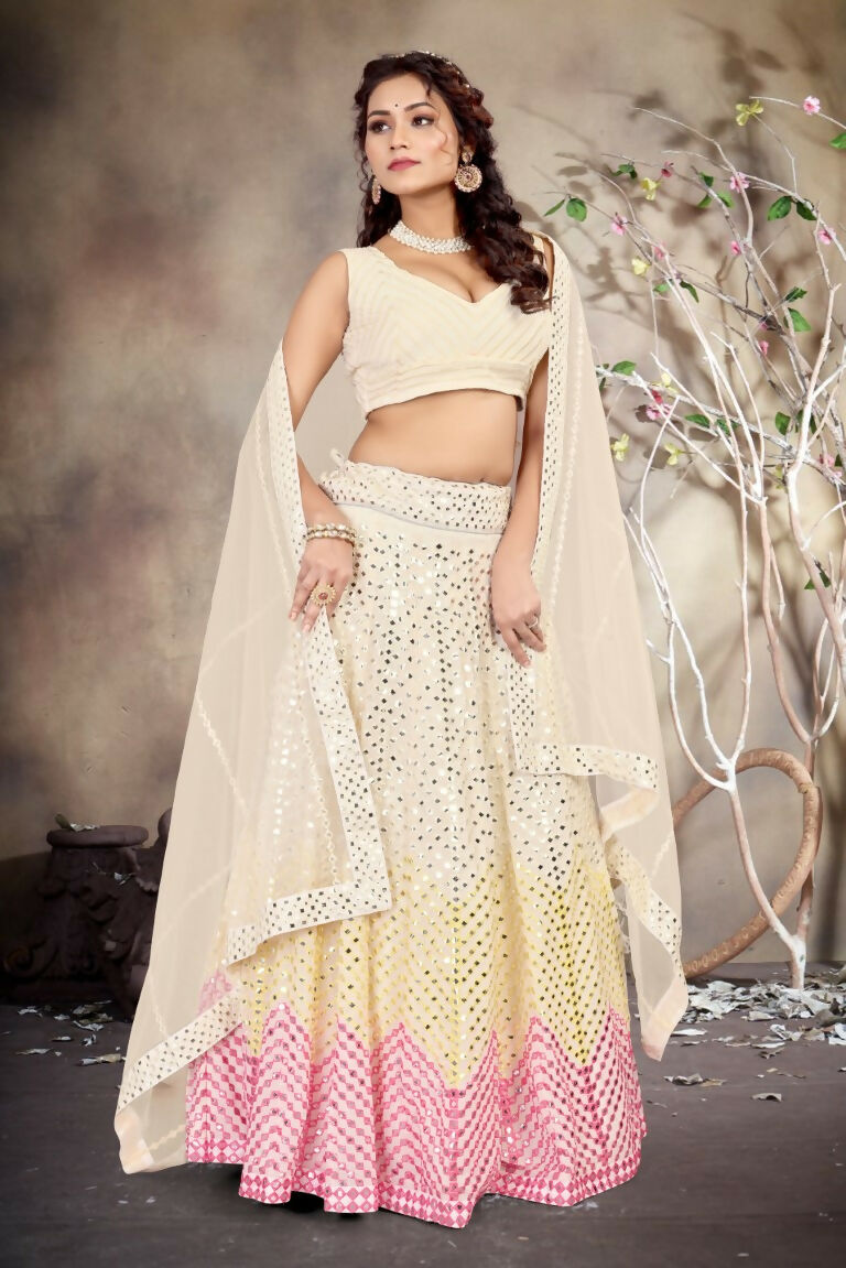 Jyoti Fashion Butter Cream Sequence with Thread Zari Embroidery Georgette Lehenga Choli with Dupatta | Grocsy