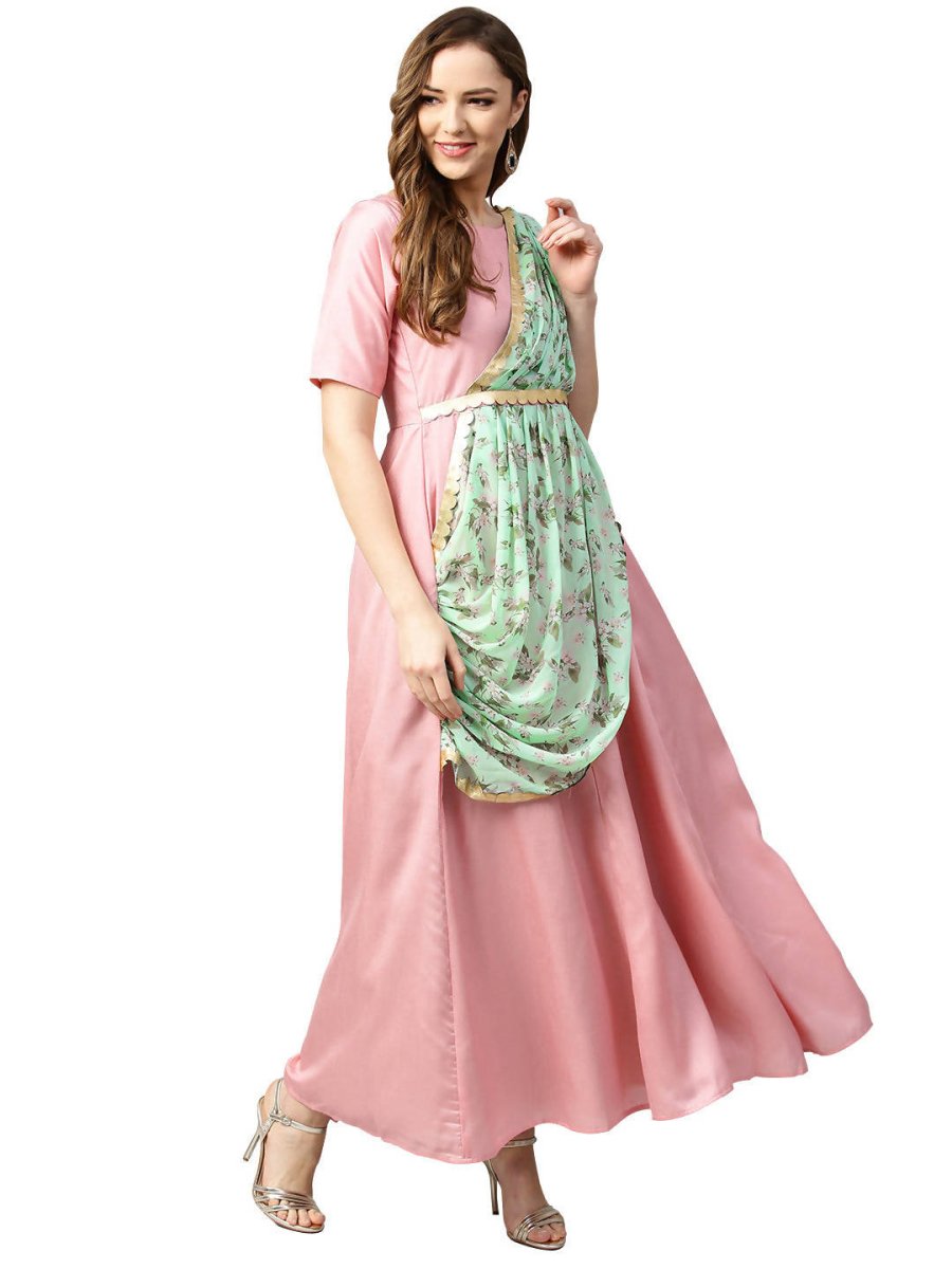 Ahalyaa Pink & Green Solid Maxi Dress with Attached Dupatta | Grocsy