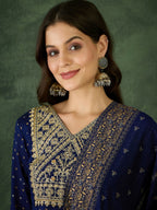 The52 Blue Women's Gorgeous Embroidered Work Vichitra Silk Fabric Flared Kurta Pant and Dupatta Set | Grocsy