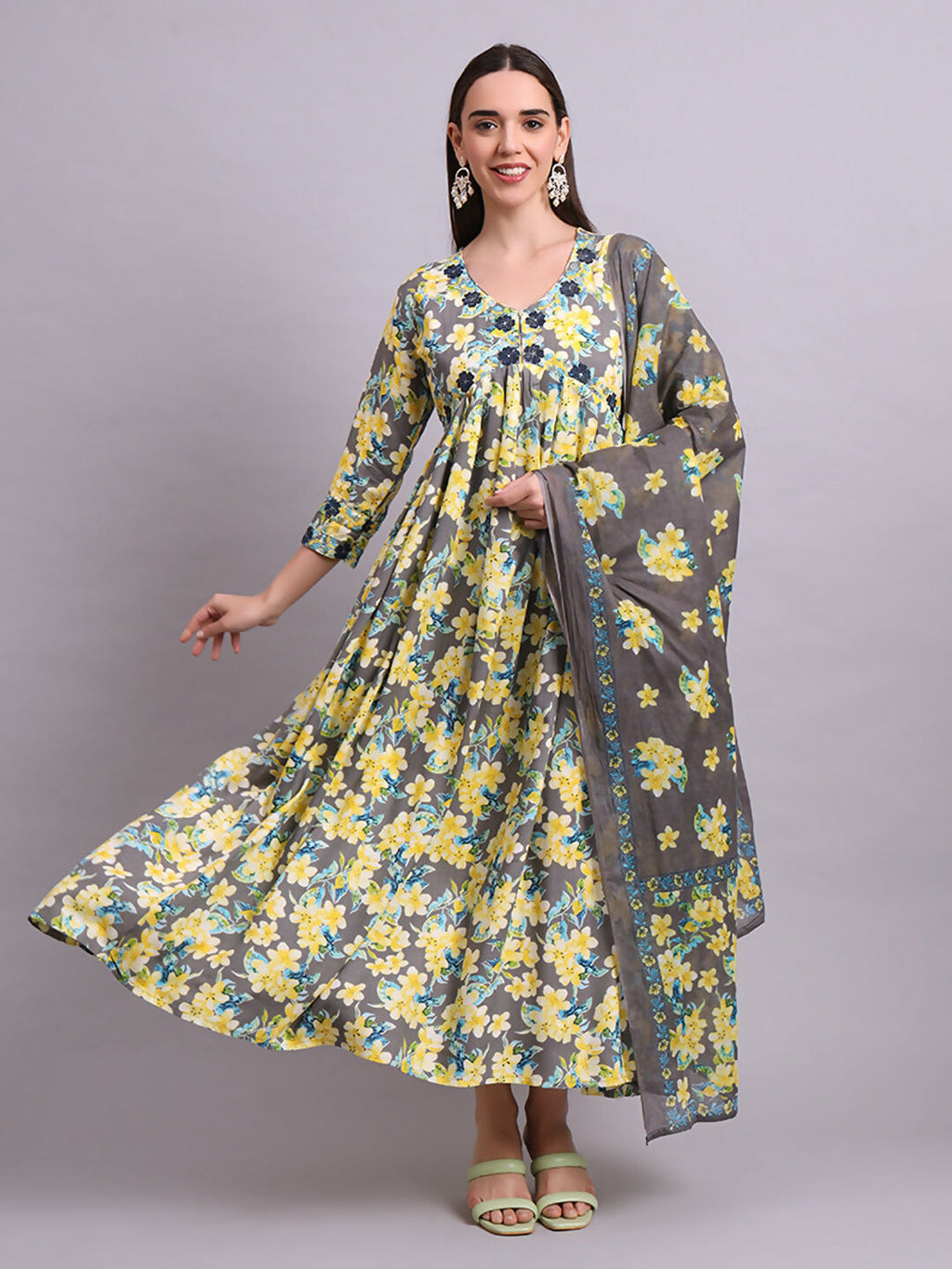 Joban Fashion Yellow Cotton Floral Printed & Embroidery Work Anarkali Dress With Dupatta Set | Grocsy