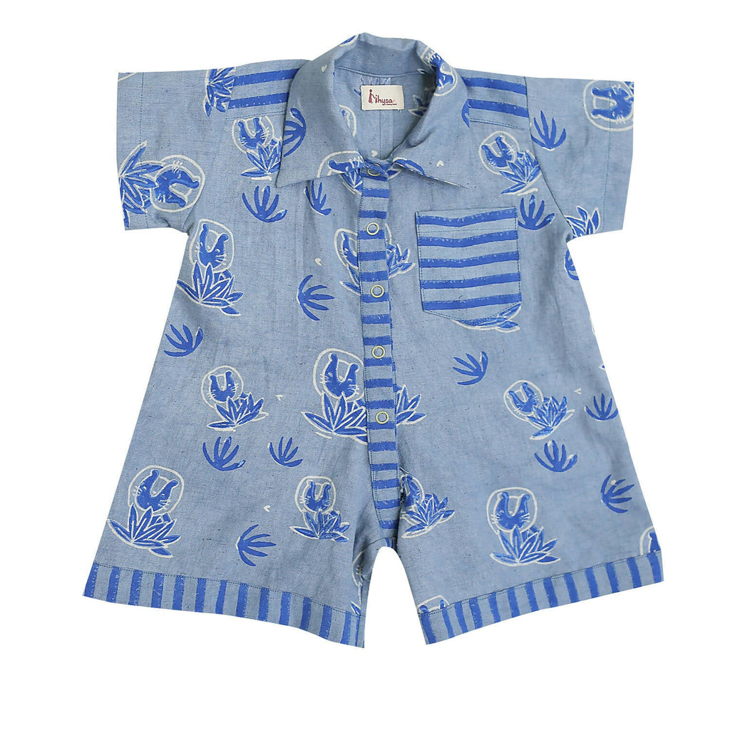 Mhyssa Blue Round Neck Patch Pocket Half Sleeves Romper For Kids | Grocsy