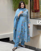 The52 Blue Women's Beautiful Cotton Fabric Thread Work Straight Kurta, Pant and Dupatta Set | Grocsy