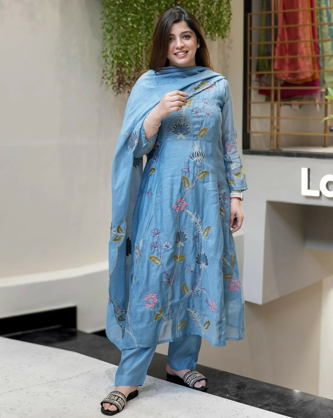 The52 Blue Women's Beautiful Cotton Fabric Thread Work Straight Kurta, Pant and Dupatta Set | Grocsy
