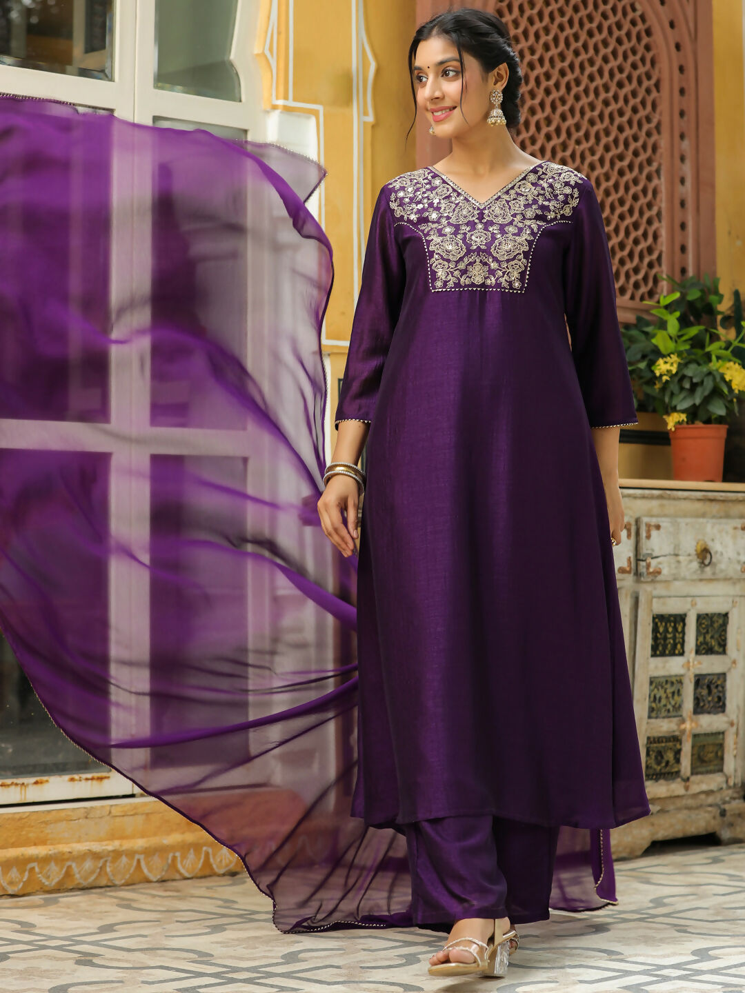Janasya Purple Silk Blend Yoke Embroidery Kurta,Bottom & Dupatta | Grocsy