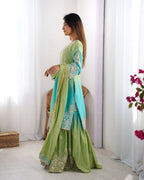 The52 Women's Beautiful Chinon silk Fabric Embroidery Work Straight Kurta Palazzo and Dupatta Set | Grocsy