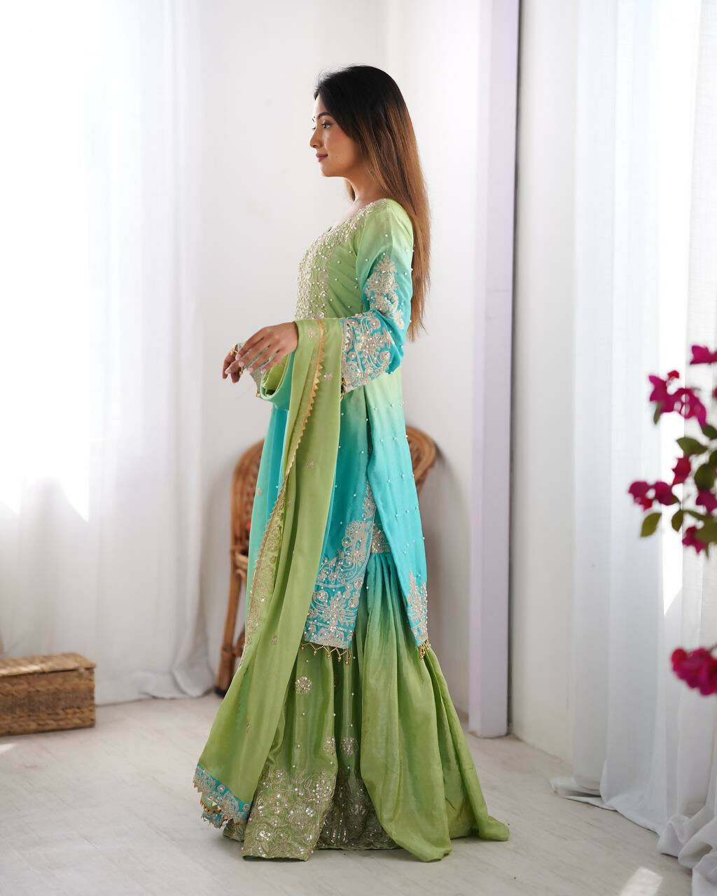 The52 Women's Beautiful Chinon silk Fabric Embroidery Work Straight Kurta Palazzo and Dupatta Set | Grocsy