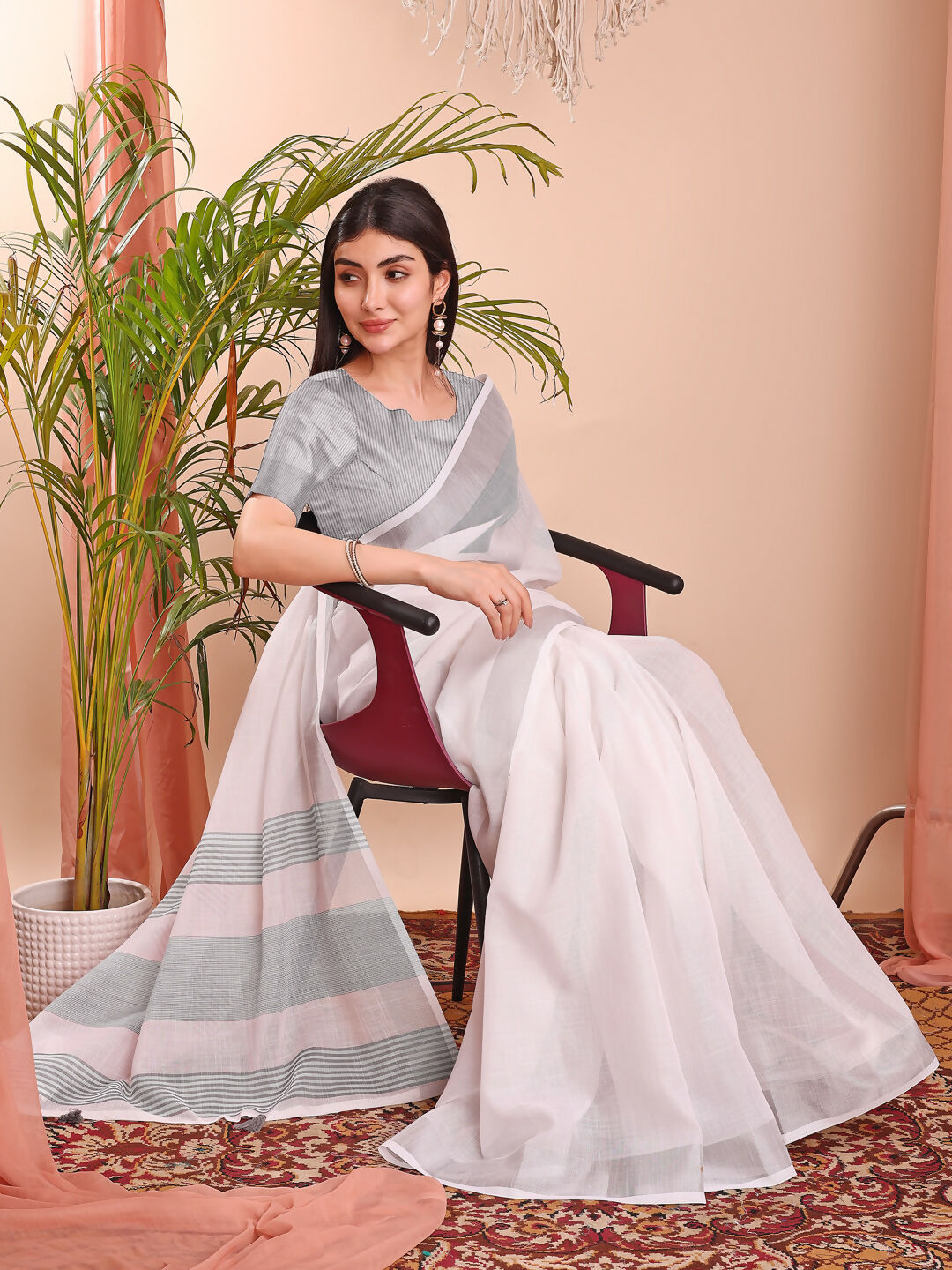 Shree Shyam Fashion The White Loom White Linen Cotton Saree | Grocsy