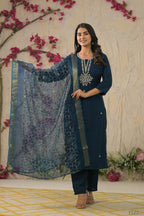 Ethnic Festive Wear Reyon Petrol Stitched Suit With Dupatta - Tanisha | Grocsy