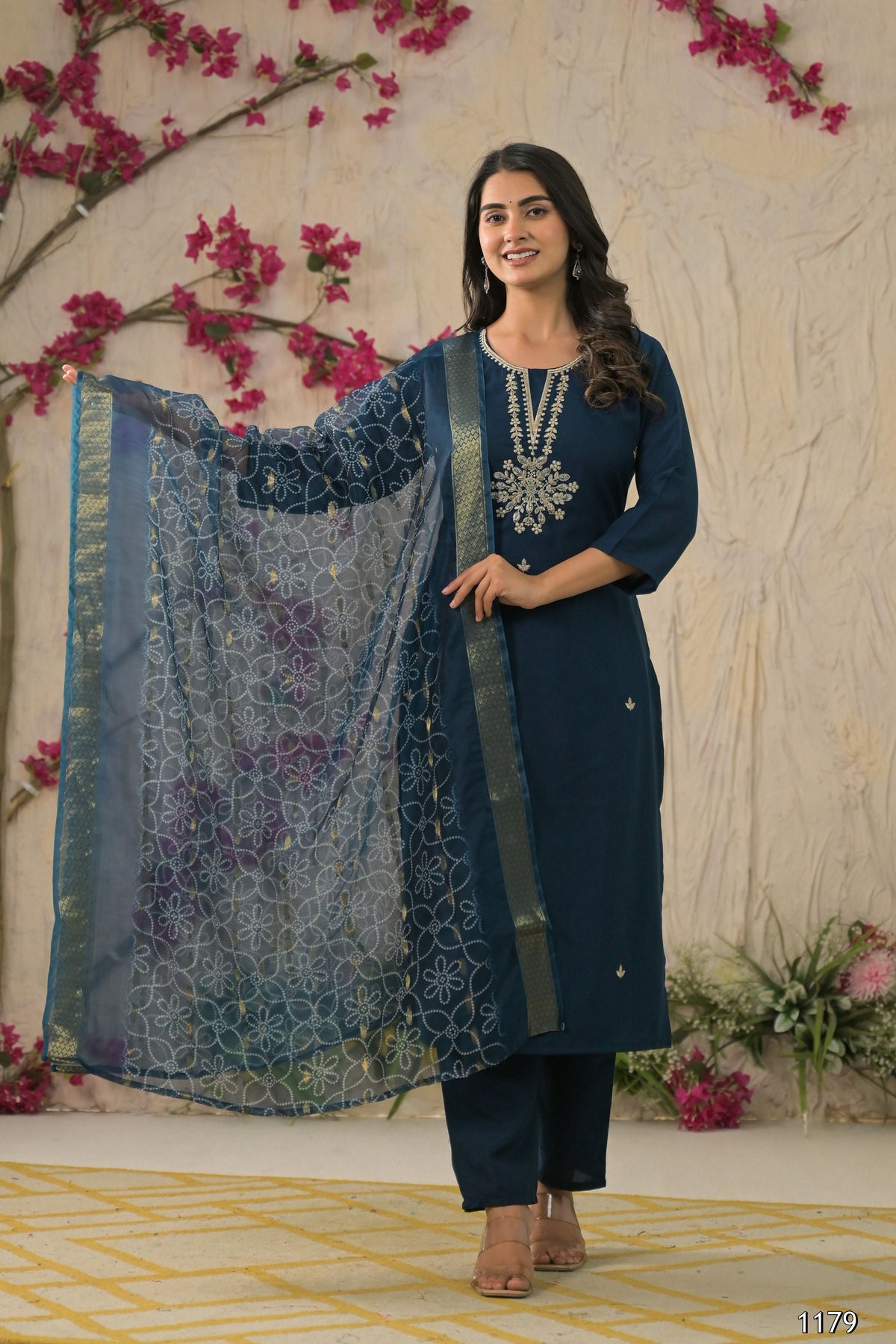 Ethnic Festive Wear Reyon Petrol Stitched Suit With Dupatta - Tanisha | Grocsy