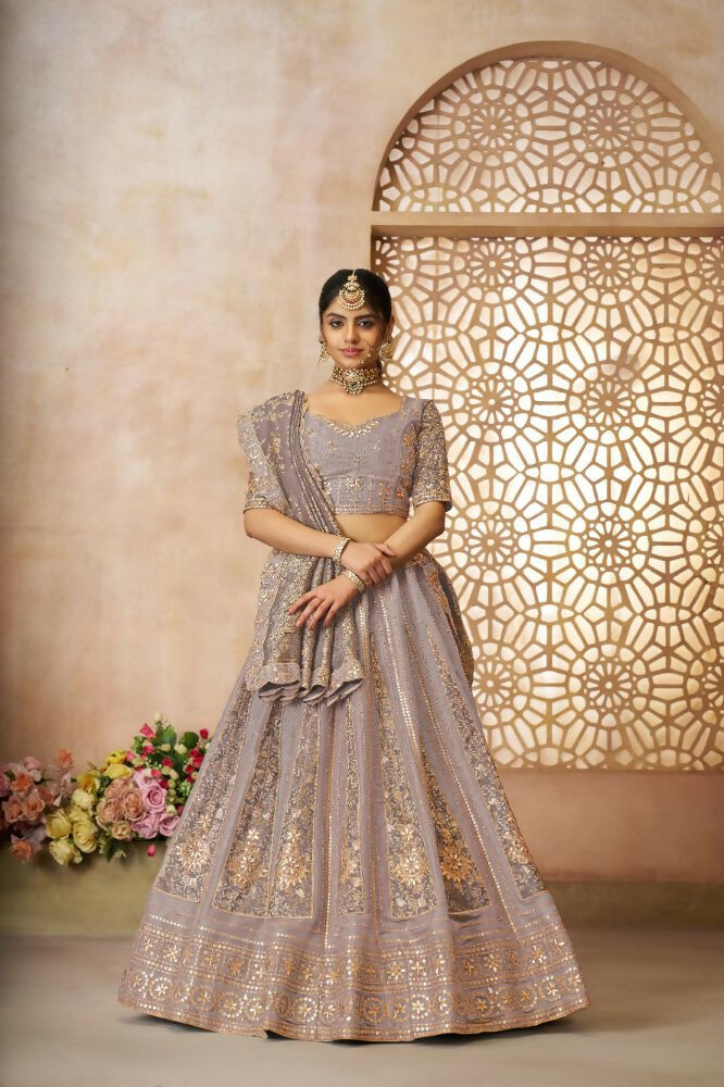 Kesar Fab Dark-Onion-Pink Net Hand_Woven Lehenga | Grocsy