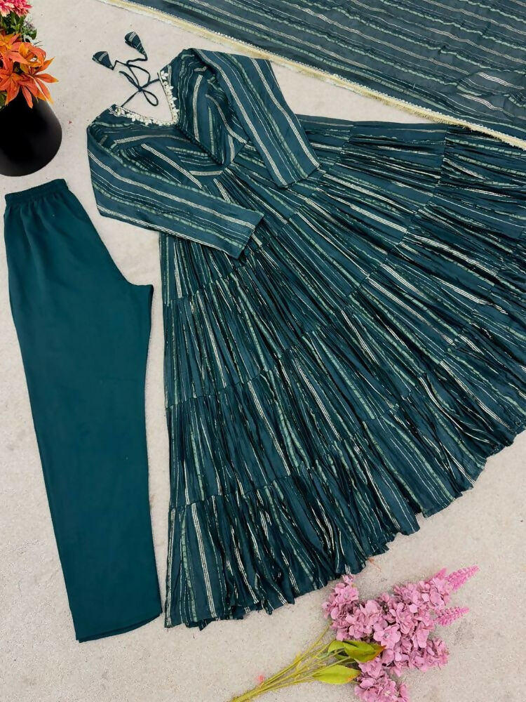 Teeya Creation Teal Color Mal Chanderi Silk Hand Embroidery Work Long Gown | Grocsy