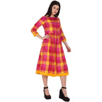 Kanoor Women's Pink and Yellow Rayon Frock Style Kurti | Grocsy