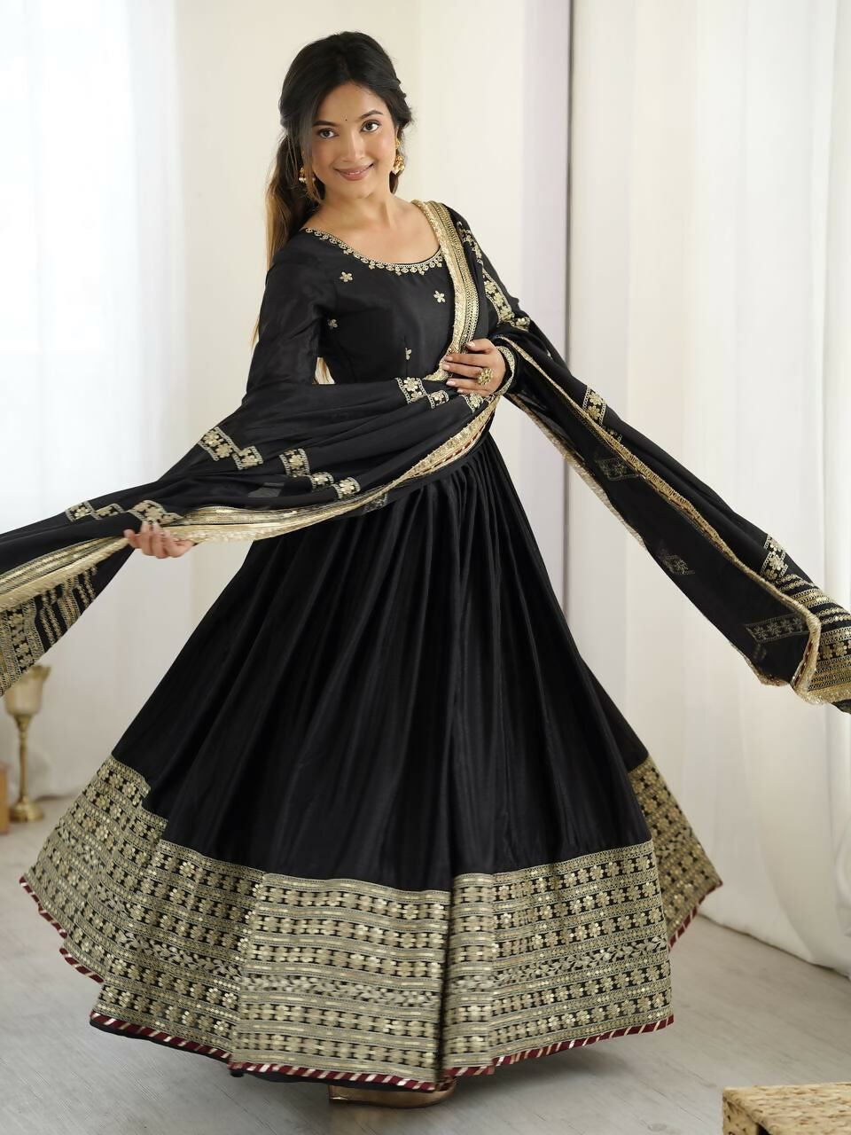 The52 Women's Gorgeous Chinon Silk Fabric Embroidery Work Flared Anarkali Pant and Dupatta Set | Grocsy
