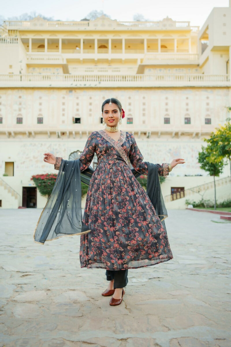 Vaasva Black Chinon Floral Embroidered Angrakha, Pant & Dupatta set | Grocsy