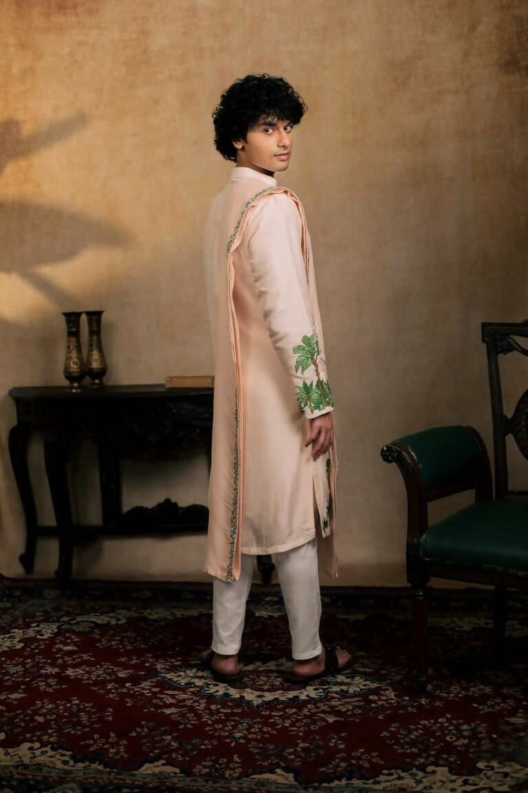 Falling Raw Silk Peach Gajavana Kurta Set By Hilo Design | Grocsy