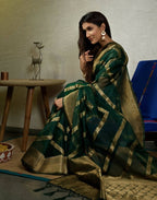 Glamorous Designer Stone Green Color Organza Silk Saree With Weaving Work - Yomika Fashions | Grocsy