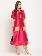 Ahalyaa Women's Dark Pink Poly Silk Kurta Trouser Set | Grocsy