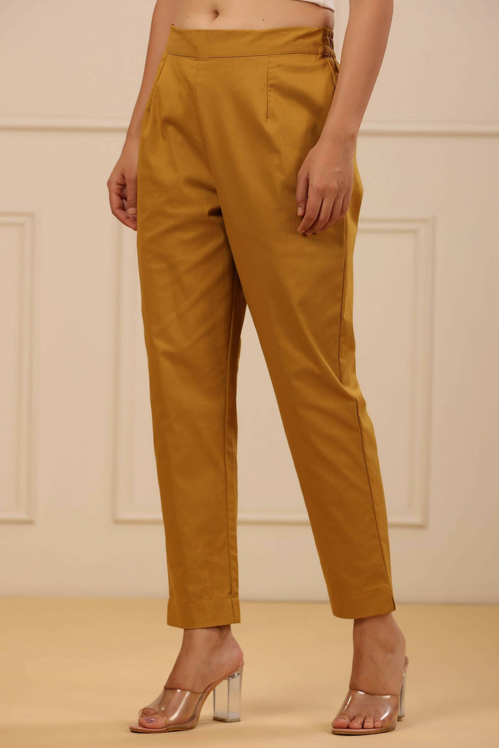 Juniper Women's Mustard Cotton Spendex Solid Straight Pant | Grocsy