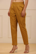 Juniper Women's Mustard Cotton Spendex Solid Straight Pant | Grocsy