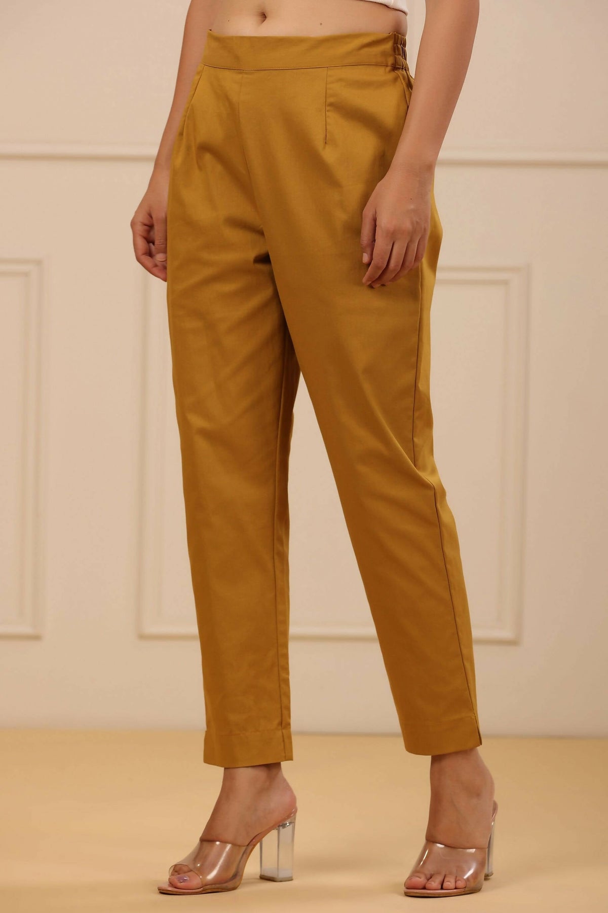 Juniper Women's Mustard Cotton Spendex Solid Straight Pant | Grocsy