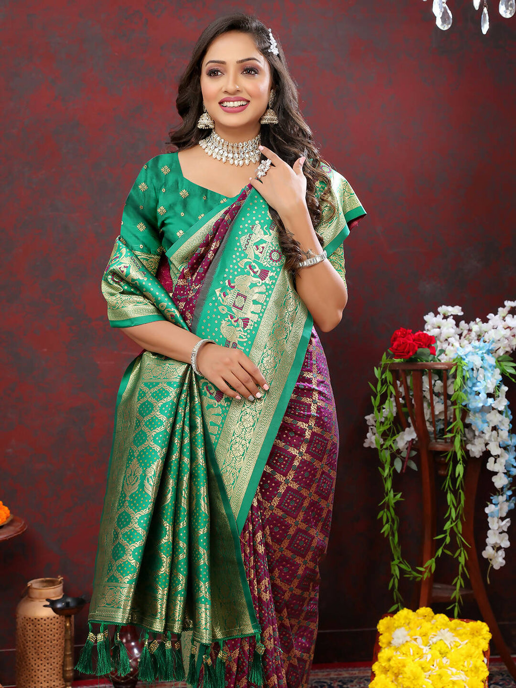 Lorenvalley Fashion Wine & Green Patola Silk Woven Design Meenakari Weaving Saree | Grocsy