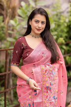 Pink Pure Linen Ethnic Motifs Saree with Unstitched Blouse - A2M | Grocsy