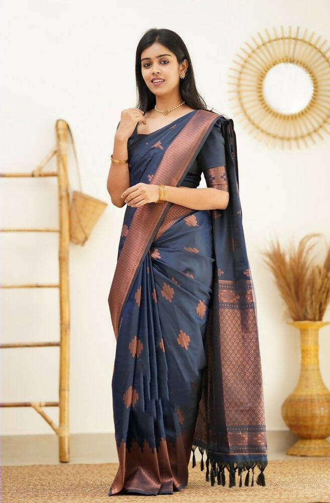 DEIANA'S Beautiful Designer Golden zari Soft Lichi Silk Saree - Navy Blue | Grocsy
