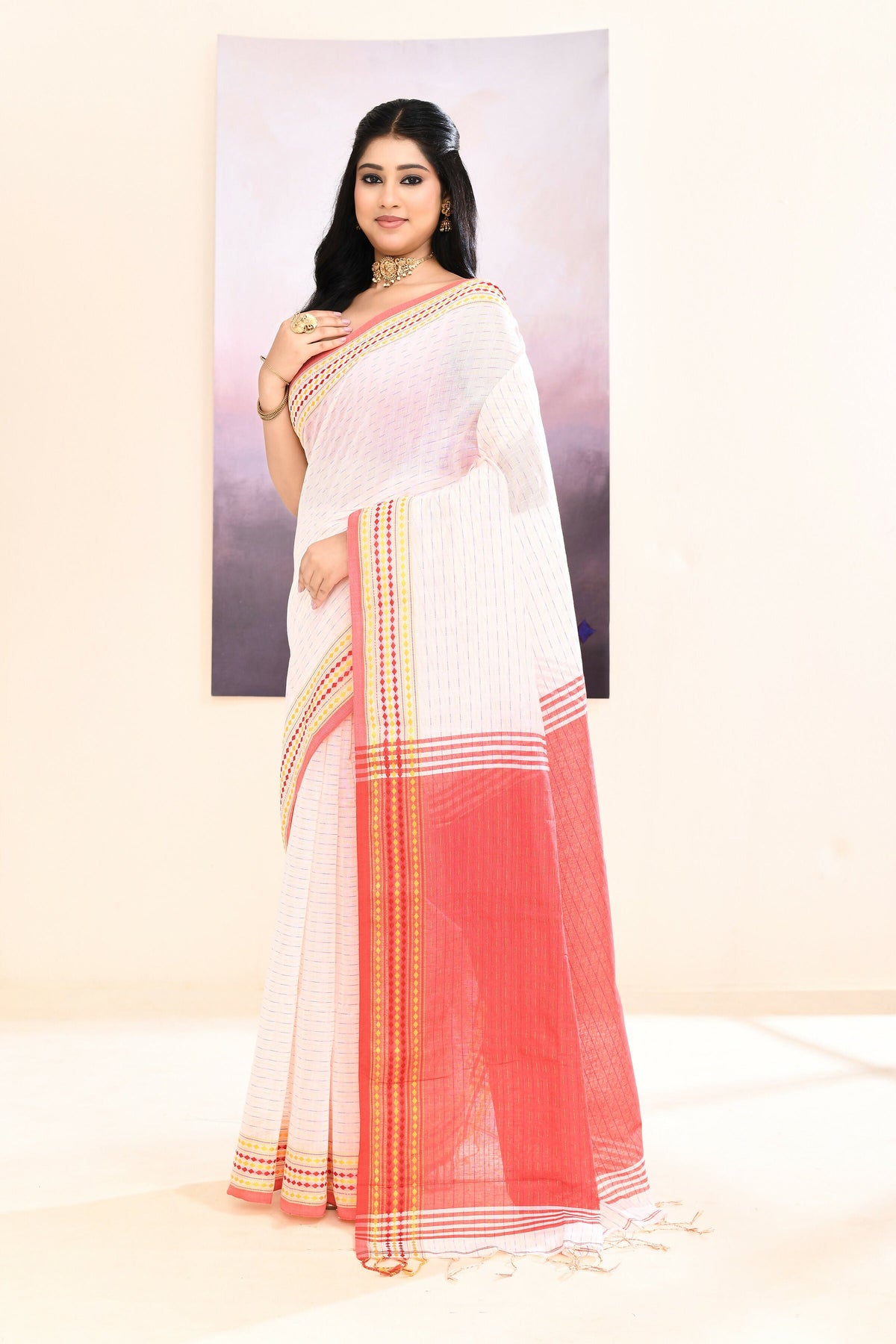 Piyari Fashion Women's White Embellished Cotton Blend Jamdani Saree | Grocsy