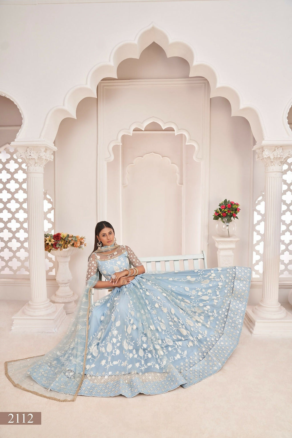 Eilara Women'S Sky Blue Butterfly Net Embroidered Thread Work Festivals Lehenga Choli | Grocsy