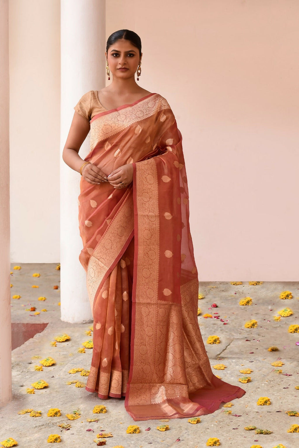 Joban Fashion Rose Gold Banarasi Tissue Pure Handloom Banarasi Silk Saree | Grocsy