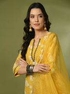 Myshka Women's Yellow Printed Cotton Straight Party Kurta Set With Dupatta | Grocsy