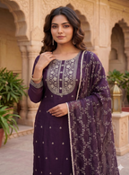 Teeya Creation Deep Wine Embroidered Straight Kurta With Pant And Dupatta | Grocsy