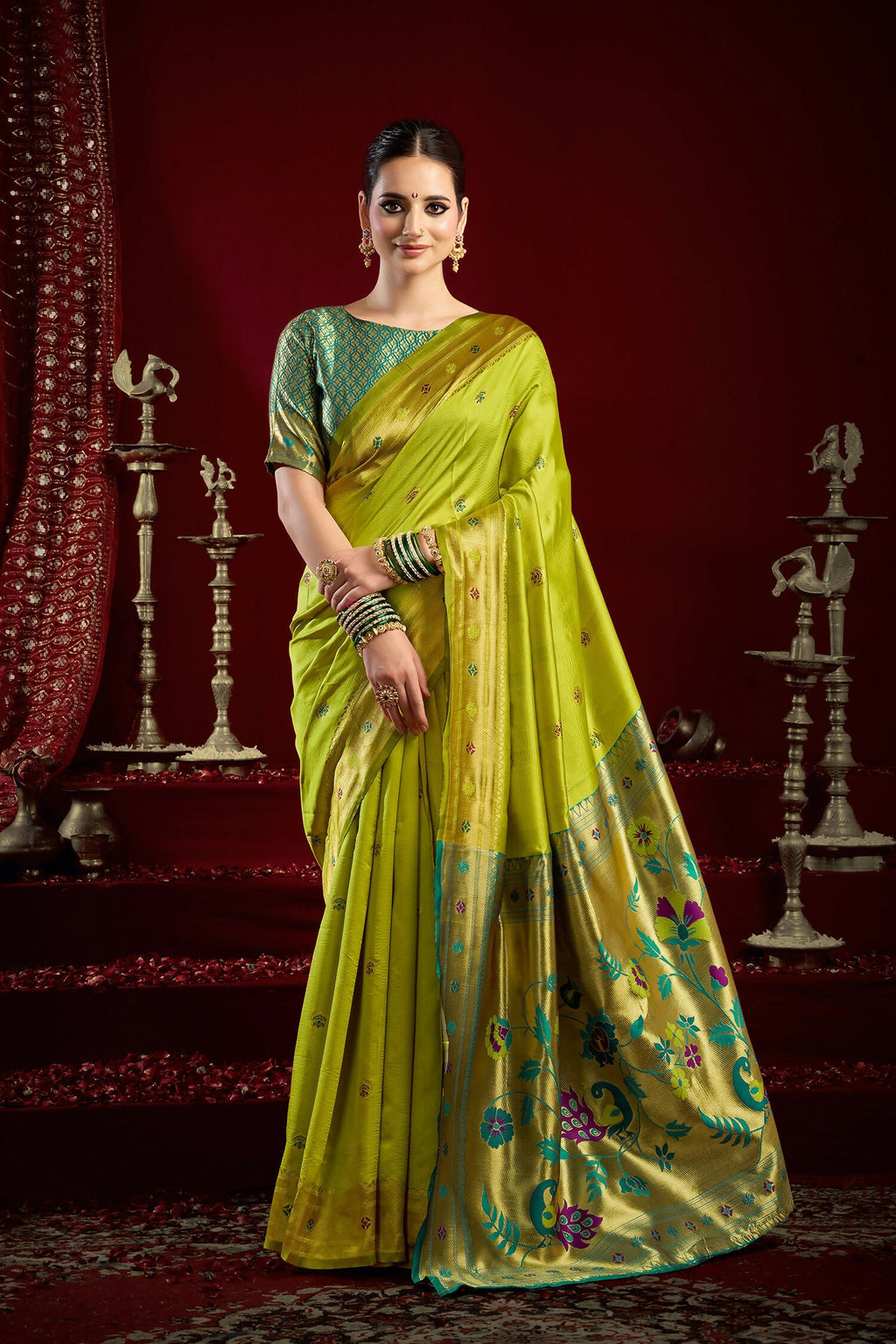 Joban Fashion Mustard Green Paithani Silk Blend Butti Saree | Grocsy
