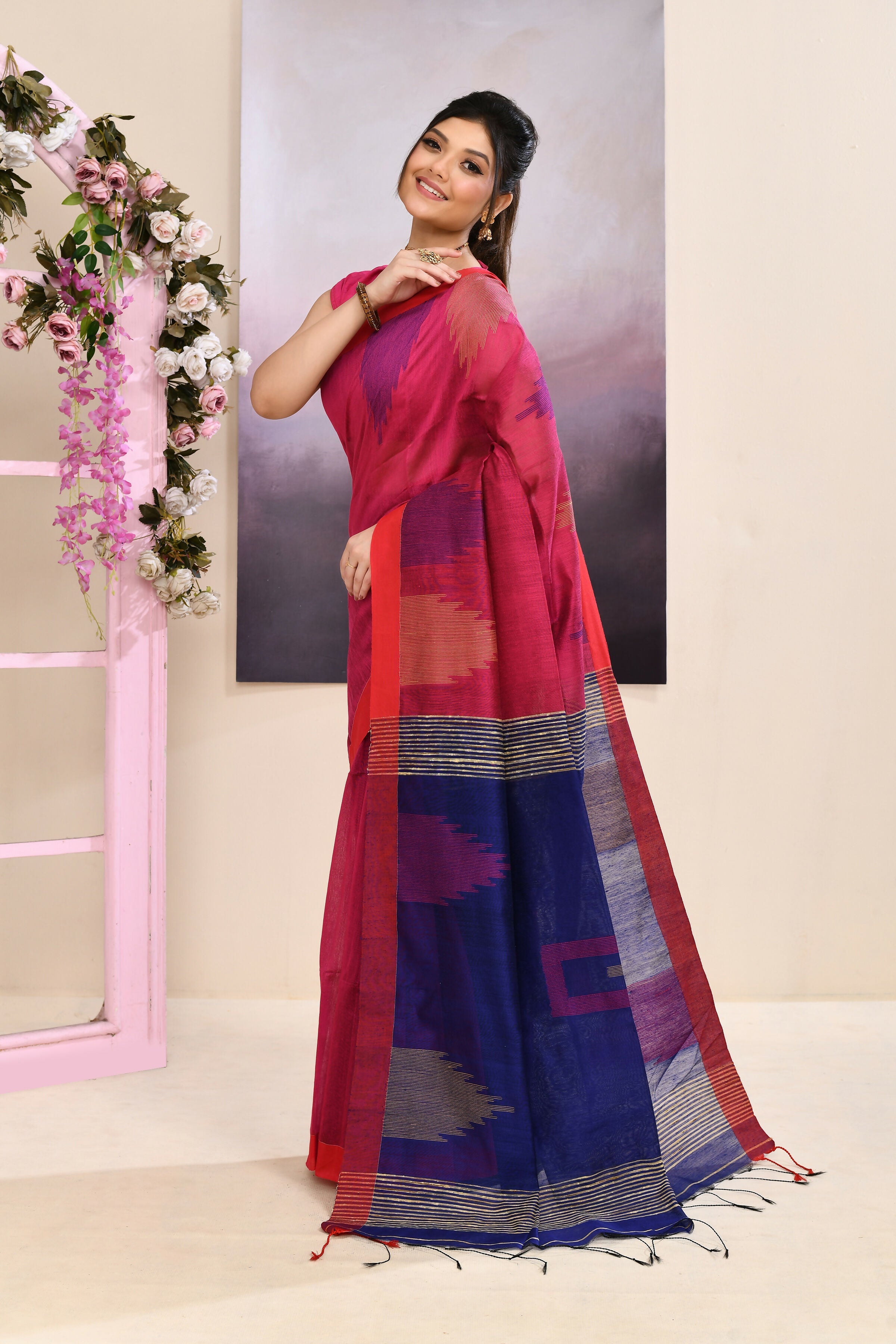 Piyari Fashion Women's Pink Temple Border Embellished Cotton Blend Jamdani Saree | Grocsy