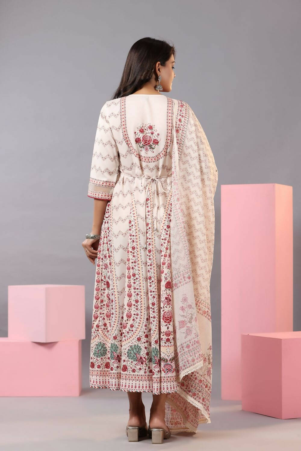 Juniper Women Ecru Rayon Floral Printed Kurta and Dupatta Set | Grocsy