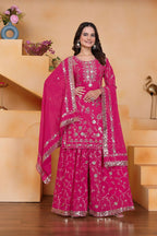 Teeya Creation Pink Color Faux Georgette Embroidery Work Wedding Wear Palazzo Set | Grocsy