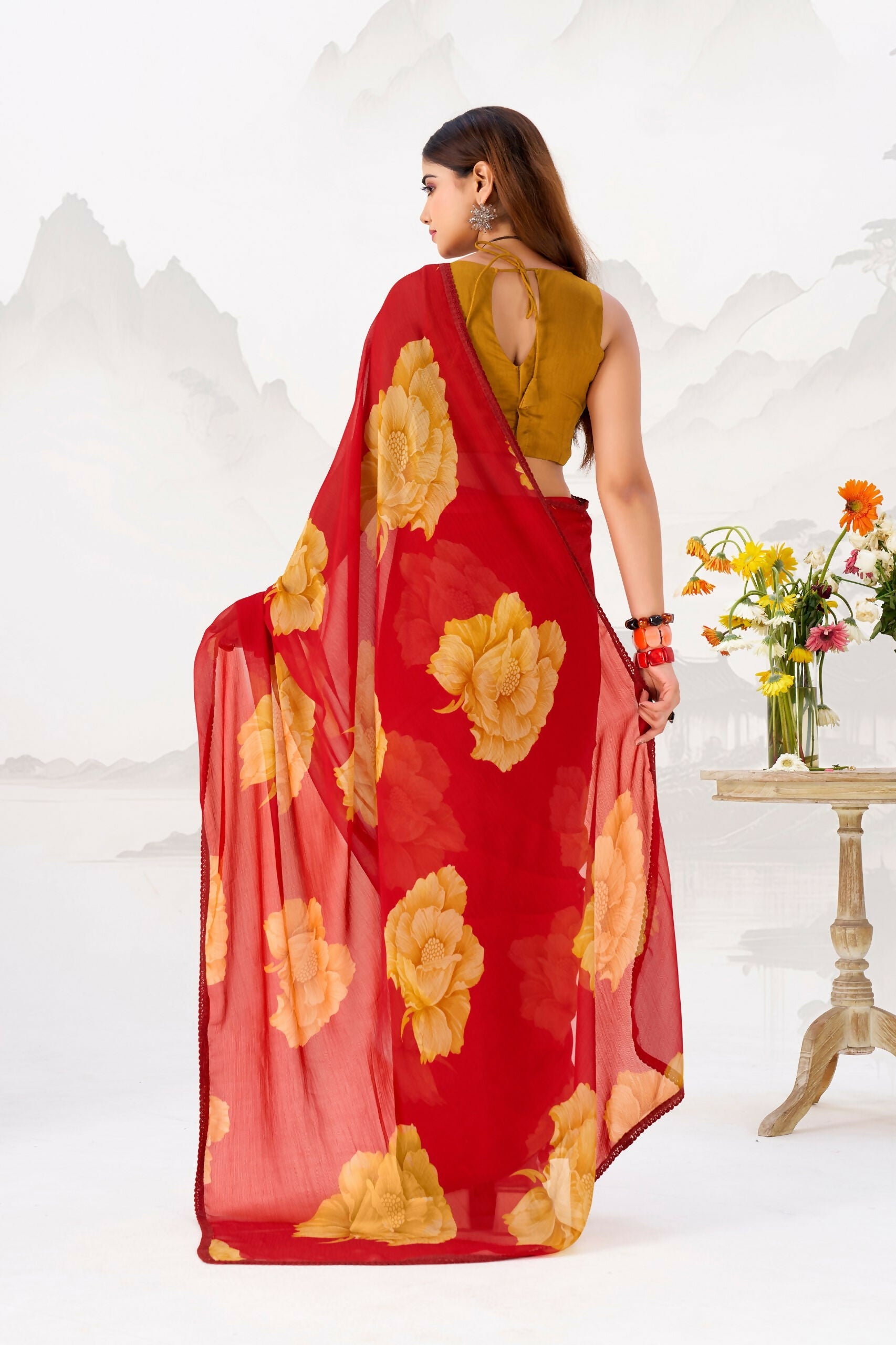 Vastranavya Red Floral Print with Lace Border work Chiffon Saree & Unstitched Blouse | Grocsy