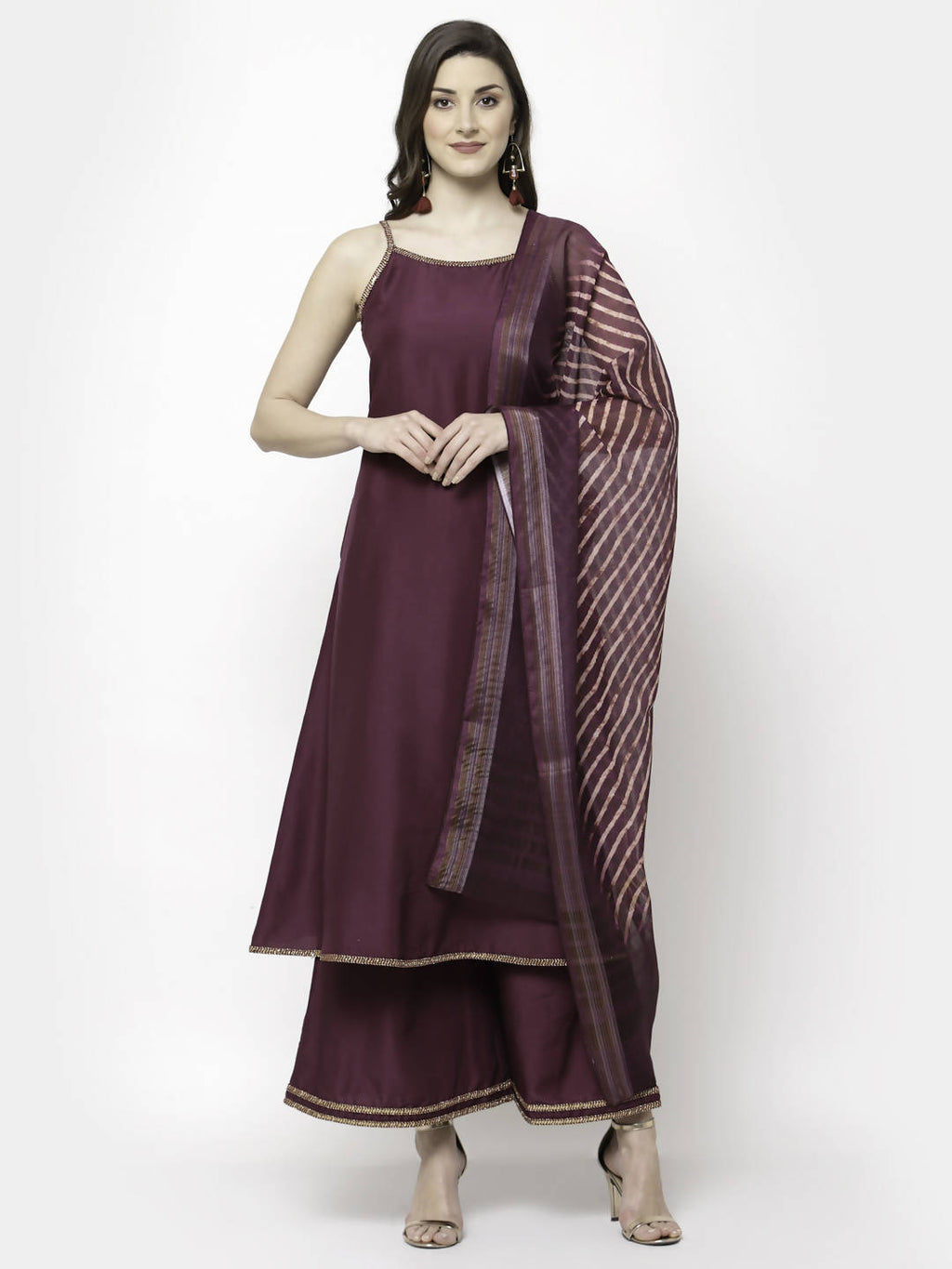 Myshka Marron Silk Blend Solid Sleeveless Round Neck Kurta Palazzo Dupatta Set | Grocsy