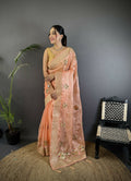 Joban Fashion Peach Handloom Banarasi Organza Silk Khatali Butta Work Saree | Grocsy