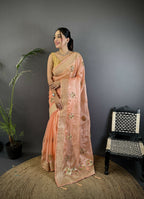 Joban Fashion Peach Handloom Banarasi Organza Silk Khatali Butta Work Saree | Grocsy