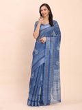 Shree Shyam Fashion Linen Cotton Indigo Blue Saree | Grocsy