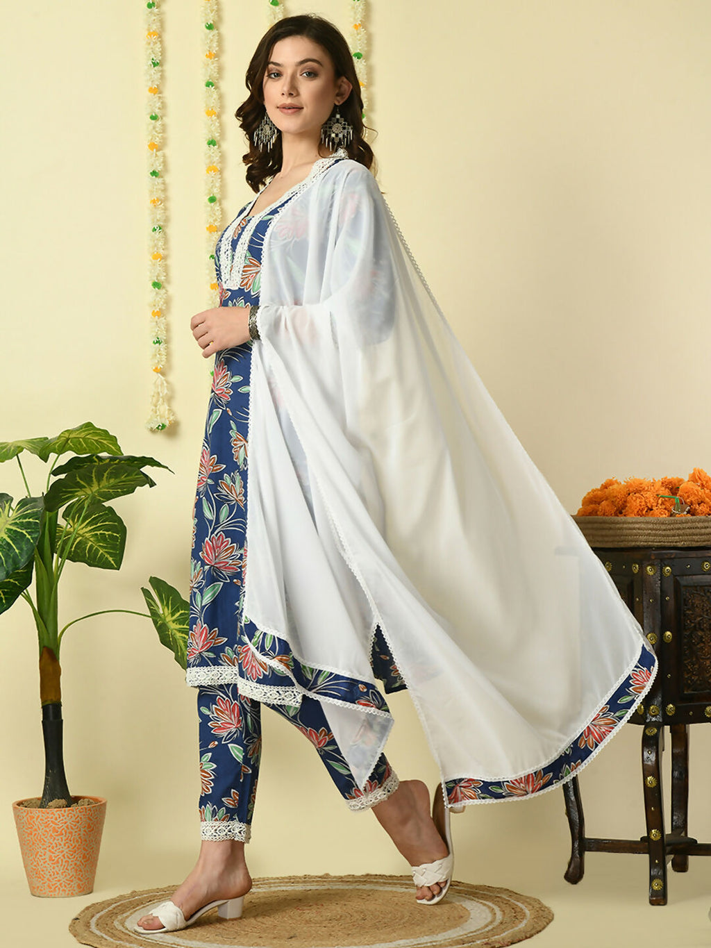 Myshka Women's Blue Pure Cotton Kurta & Trousers With Dupatta Party Sets | Grocsy