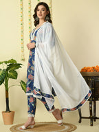 Myshka Women's Blue Pure Cotton Kurta & Trousers With Dupatta Party Sets | Grocsy