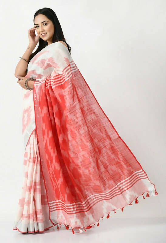 Mominos Fashion Moeza White & Red Bhagalpuri Handloom Ikat Pure Cotton Saree with unstitched Blouse piece | Grocsy