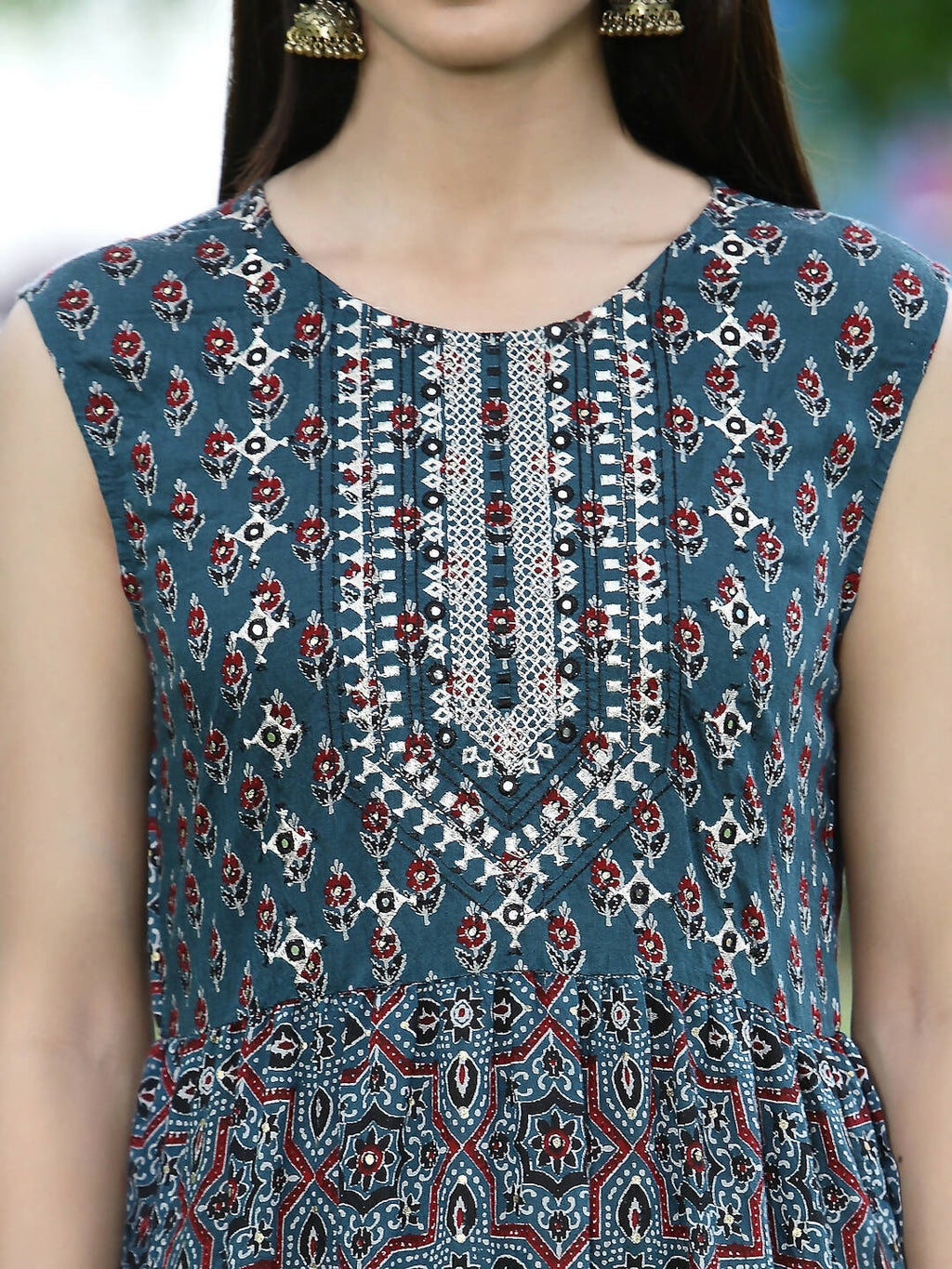 Juniper Women Teal Chanderi Festive Printed Tiered Kurta | Grocsy