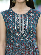 Juniper Women Teal Chanderi Festive Printed Tiered Kurta | Grocsy