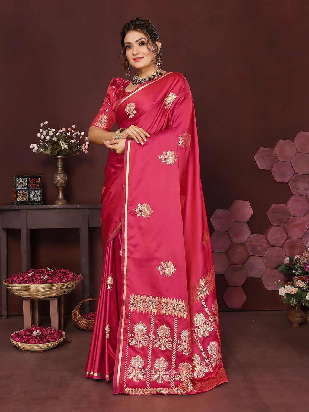 Joban Fashion Pink Floral Motifs Banarasi Silk Sarees | Grocsy